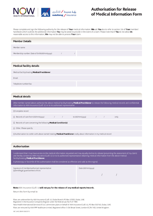 Fillable Authorisation For Release Of Medical Information Form Printable pdf