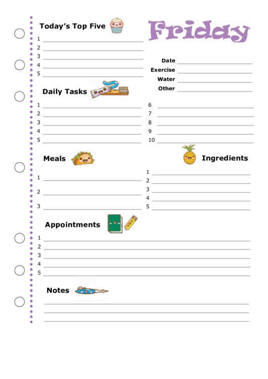 Daily Planner Template: Friday Printable pdf