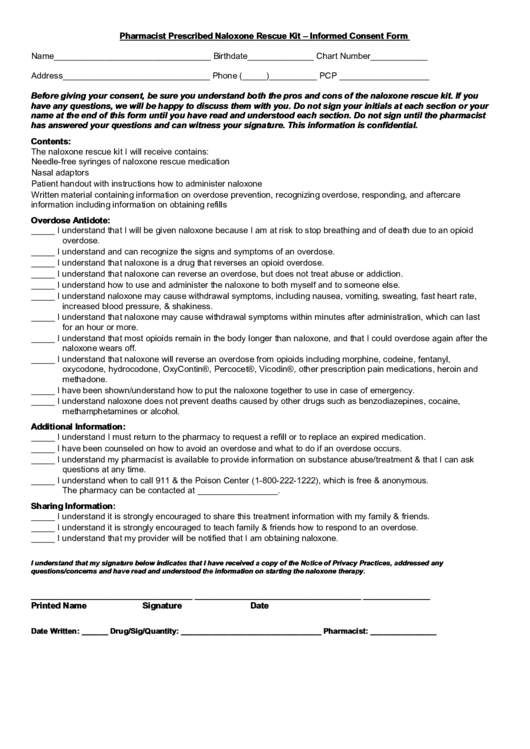 Pharmacist Prescribed Naloxone Informed Consent Form Printable pdf