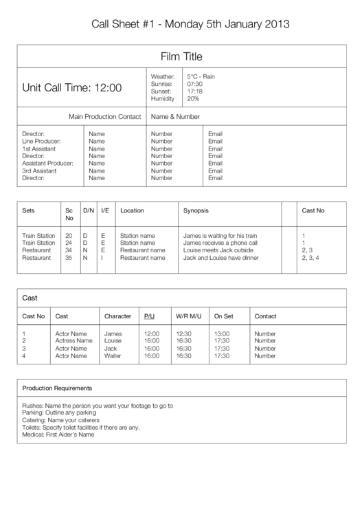 Film Call Sheet Template Printable pdf