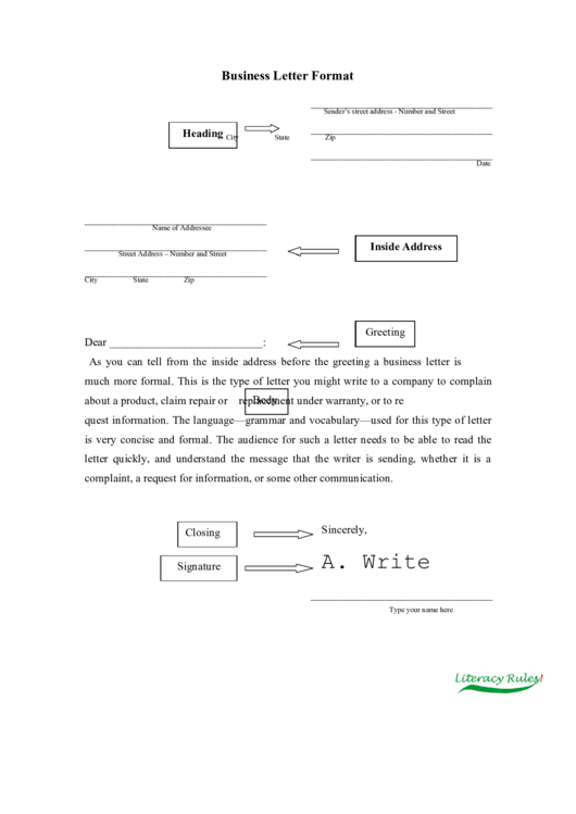 Business Format Letter Template Printable pdf
