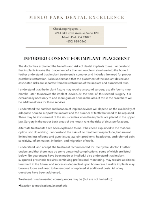 Informed Consent For Implant Placement Printable pdf