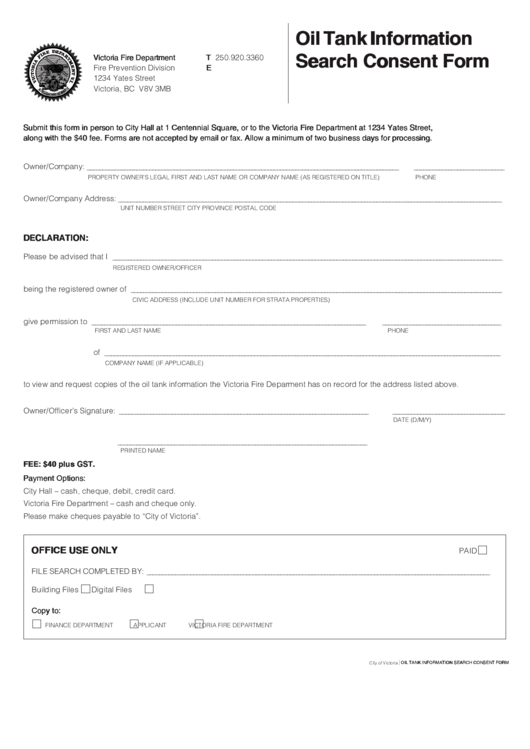 Fillable Oil Tank Information Search Consent Form Printable pdf