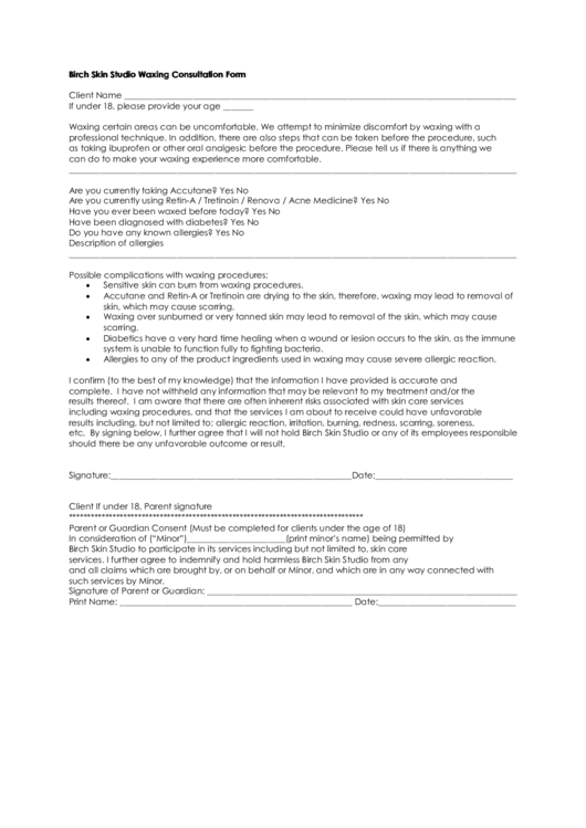 Waxing Consultation Form Printable pdf