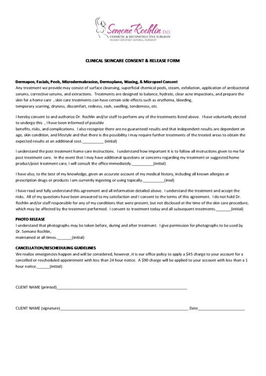 Clinical Skincare Consent & Release Form Printable pdf