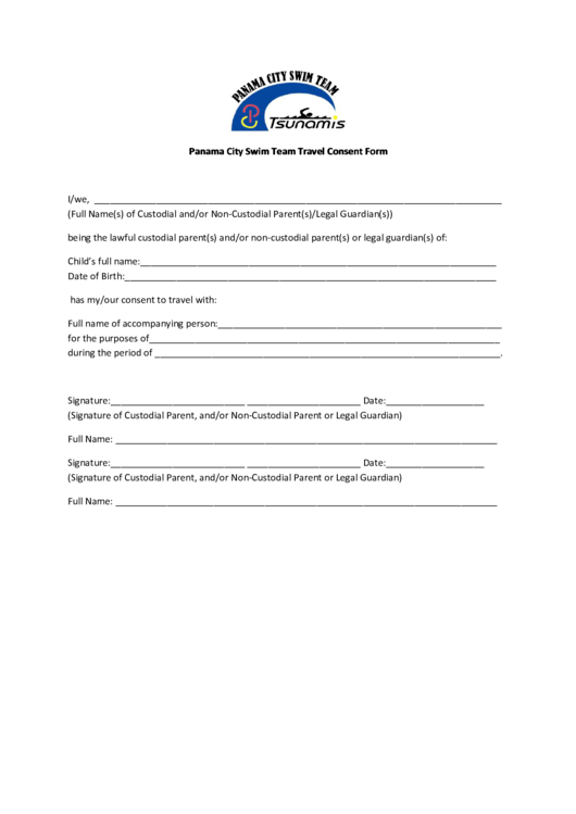 Panama City Swim Team Travel Consent Form Printable pdf