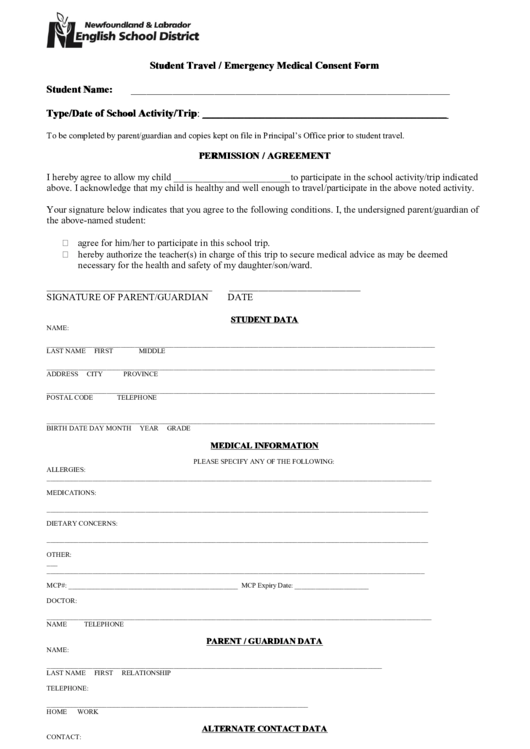 Student Travel / Emergency Medical Consent Form Printable pdf