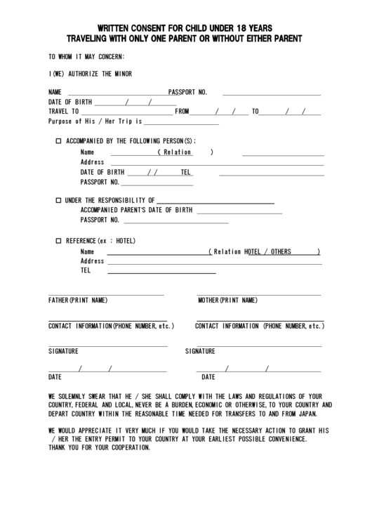 Written Consent For Child Under 18 Years Traveling With Only One Parent Or Without Either Parent Printable pdf