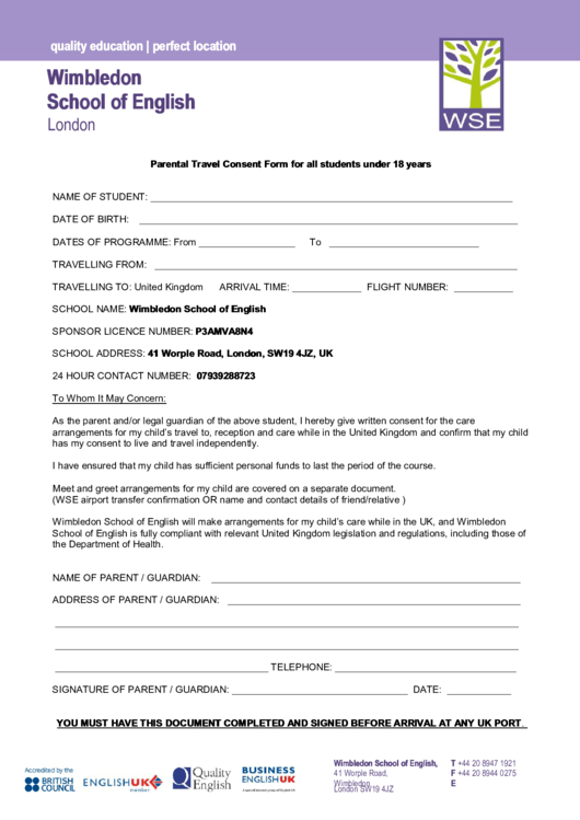 Parental Travel Consent Form For All Students Under 18 Years Printable pdf
