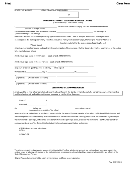 Fillable Power Of Attorney Form - Marriage License - State Of California Printable pdf