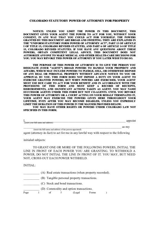 Fillable Colorado Statutory - Power Of Attorney For Property Form Printable pdf