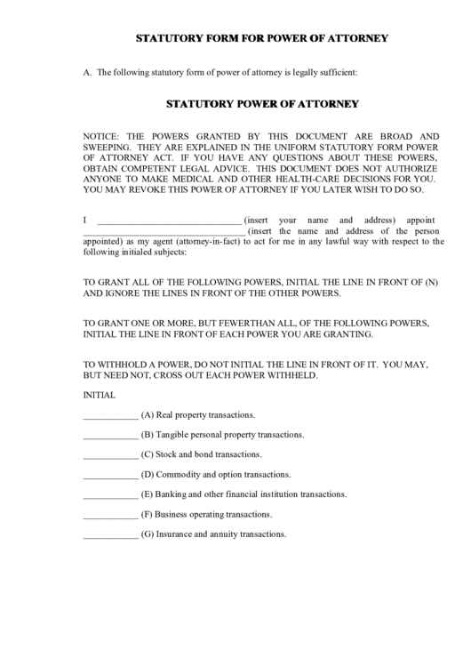 Statutory Form For Power Of Attorney Printable pdf