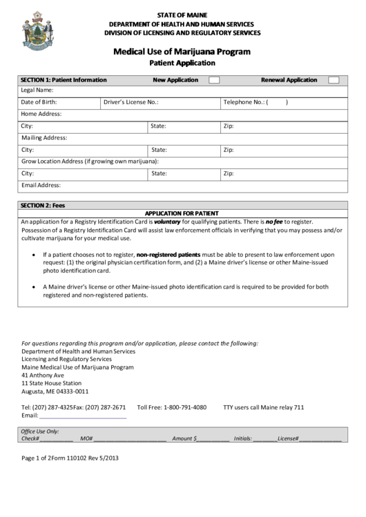 Medical Use Of Marijuana Program Patient Application Printable pdf