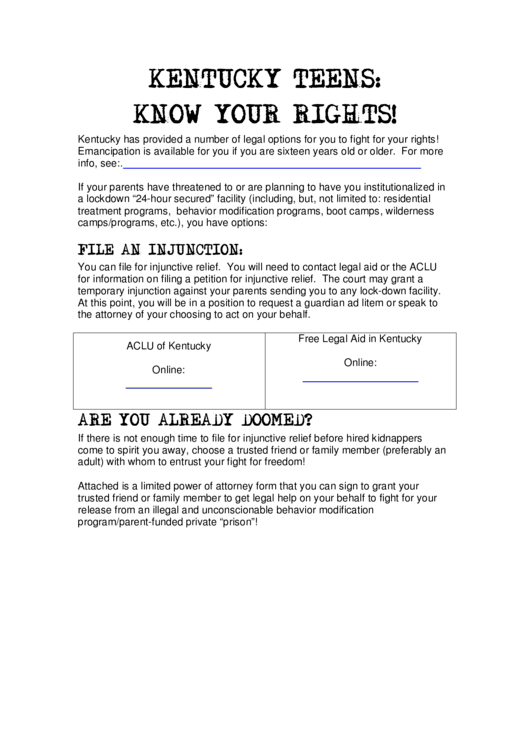 Limited Power Of Attorney Form - Kentucky Printable pdf