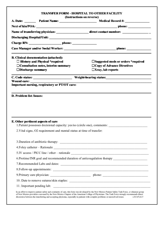 Transfer Form - Hospital To Other Facility Printable pdf