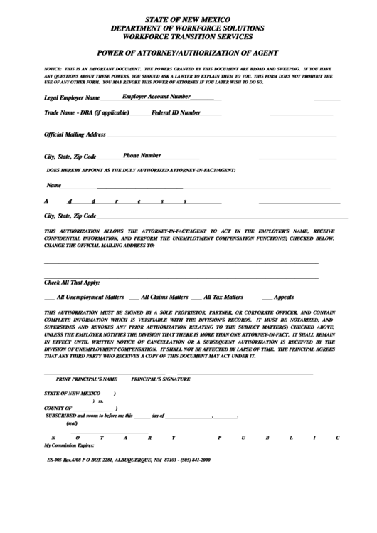 Es-905 - Power Of Attorney/authorization Of Agent - State Of New Mexico Department Of Workforce Solutions Printable pdf