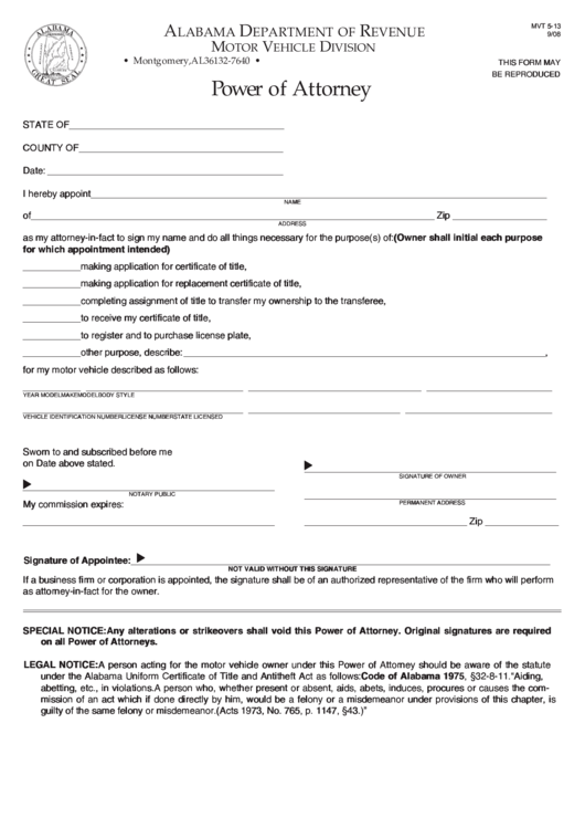 Fillable Form Mvt 5-13 - Power Of Attorney Printable pdf
