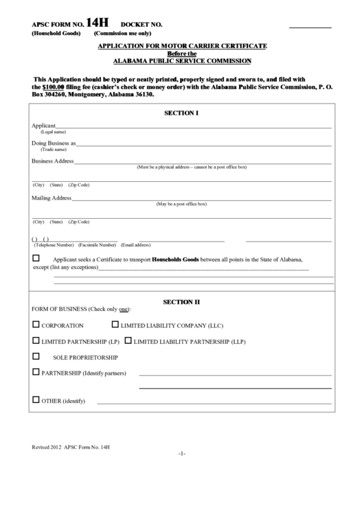 Application For Motor Carrier Certificate Before The Alabama Public Service Commission Printable pdf