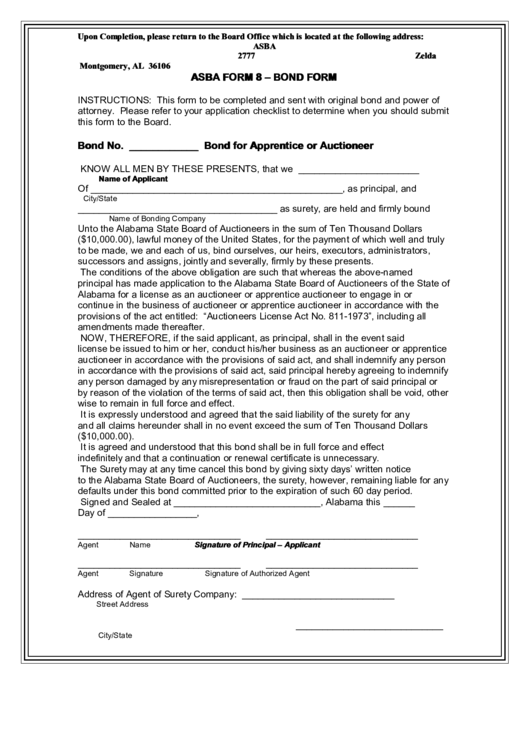 Asba Form 8 - Bond Form Printable pdf