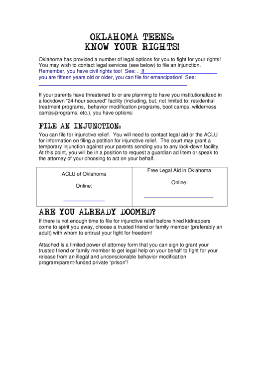 Limited Power Of Attorney Form - Oklahoma Printable pdf