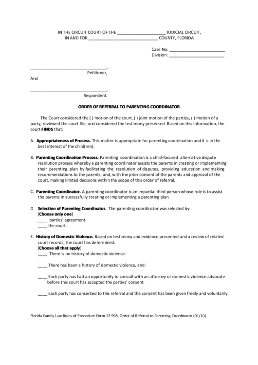 Order Form Of Referral To Parenting Coordinator