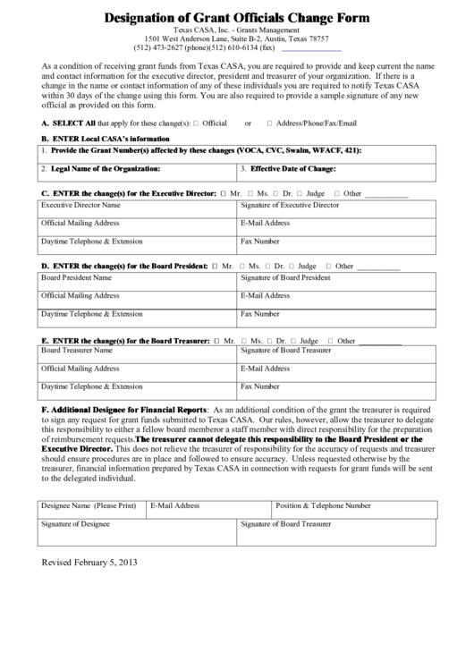 Designation Of Grant Officials Change Form Printable pdf