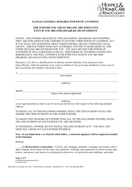 Kansas General Durable Power Of Attorney Form Printable Pdf Download