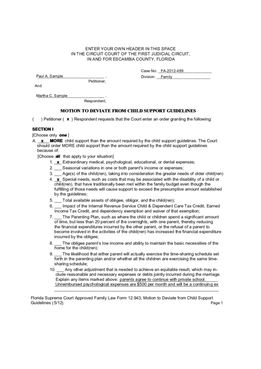 Motion To Deviate From Child Support Guidelines Printable pdf