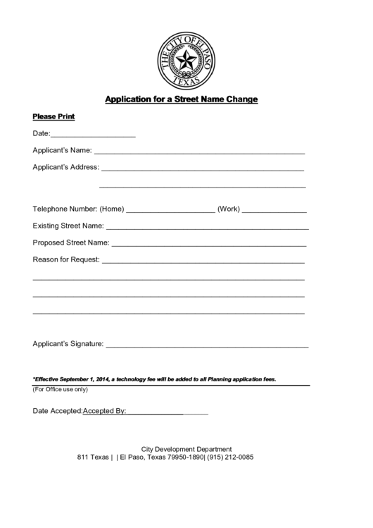 Application For A Street Name Change Printable pdf