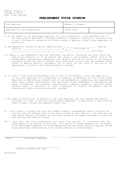Fillable Form-Rd Il 1927-9 - Preliminary Title Opinion - 1998 Printable pdf