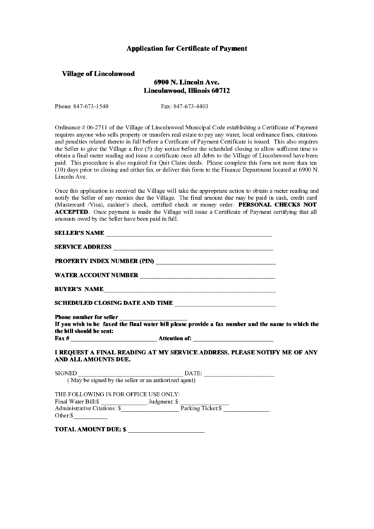 Application For Certificate Of Payment Form