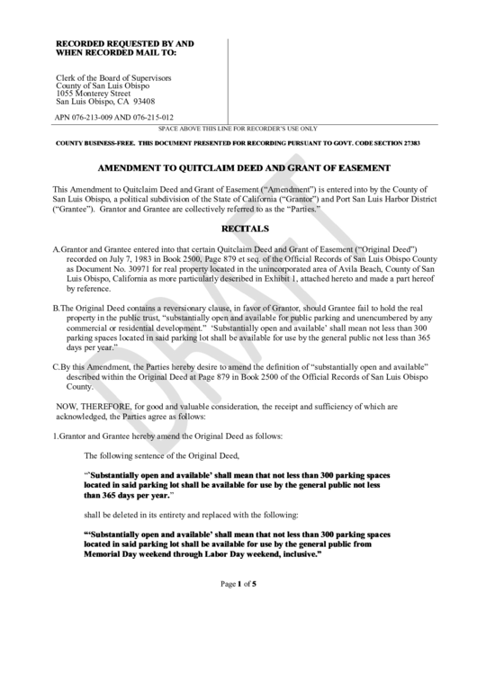 Amendment To Quitclaim Deed And Grant Of Easement Printable pdf