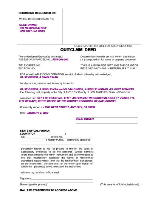 Quitclaim Deed Sample Printable pdf