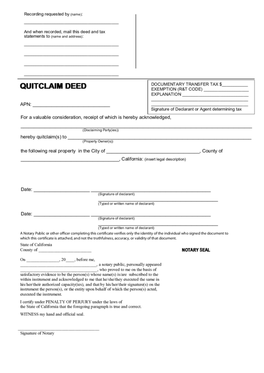 Fillable Form Quitclaim Deed - State Of California Printable pdf