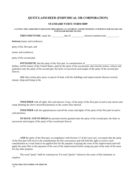 Standard Nybtu Form 8009 - Quitclaim Deed (Individual Or Corporation) Printable pdf