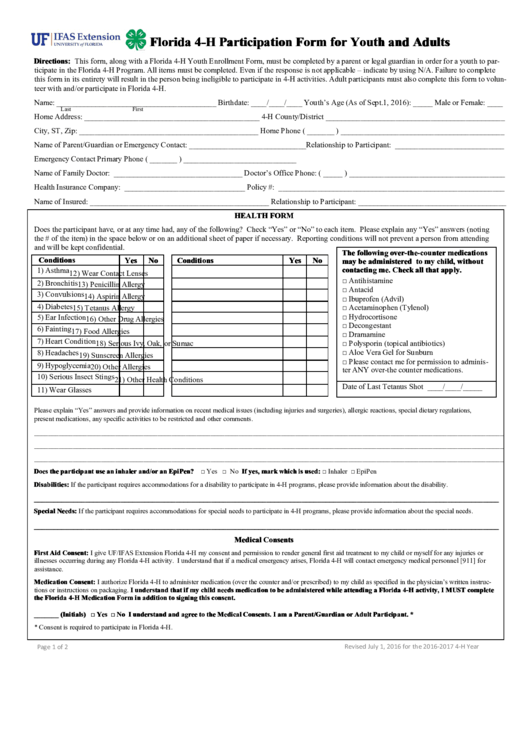 Florida 4-H Participation Form For Youth And Adults Printable pdf