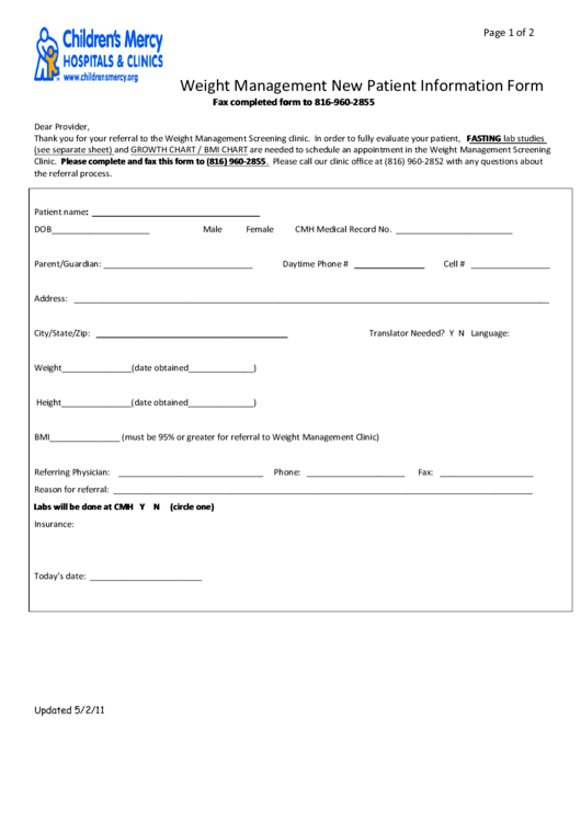 Weight Management New Patient Information Form Printable pdf