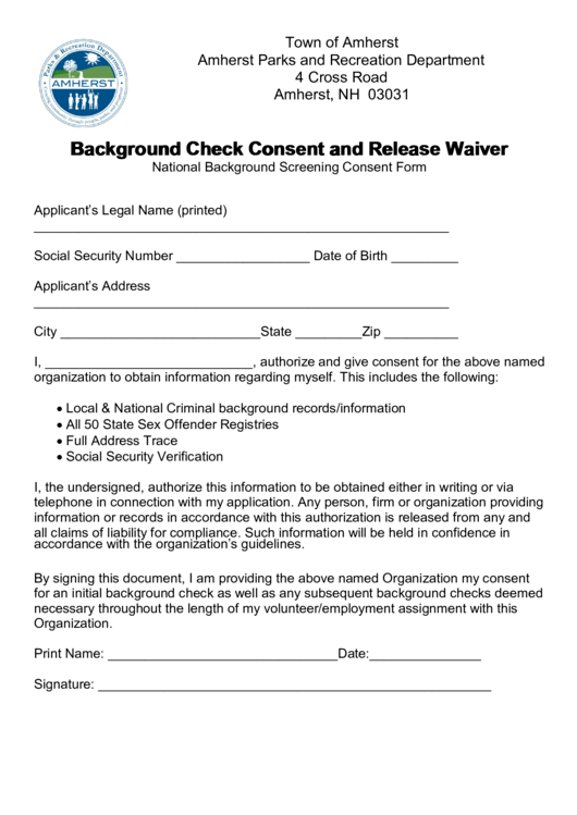 Town Of Amherst, National Background Screening Consent Form Printable pdf