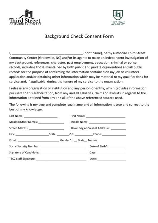 Third Street Community Center Background Check Consent Form Printable pdf