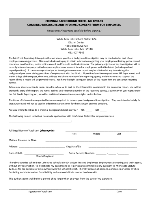 White Bear Lake School District Employee Criminal Background Check Form Printable pdf