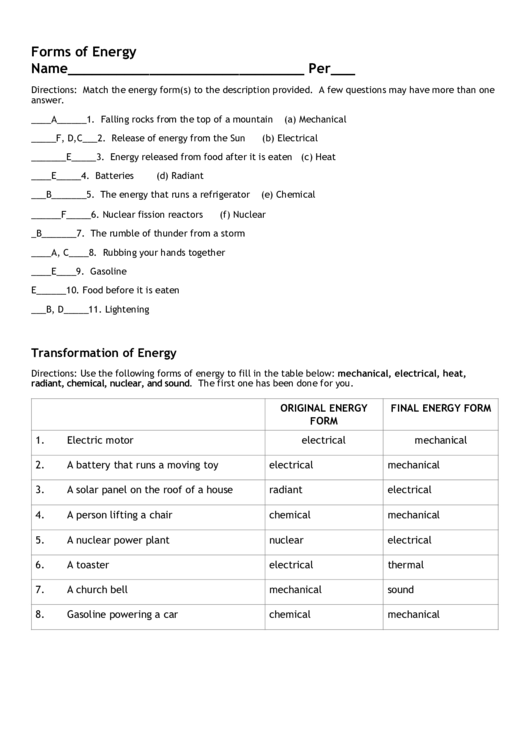 Energy Forms And Transfer Answer Key Template Printable pdf
