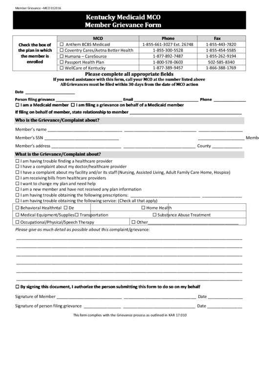 Fillable Kentucky Medicaid Mco Member Grievance Form Printable pdf