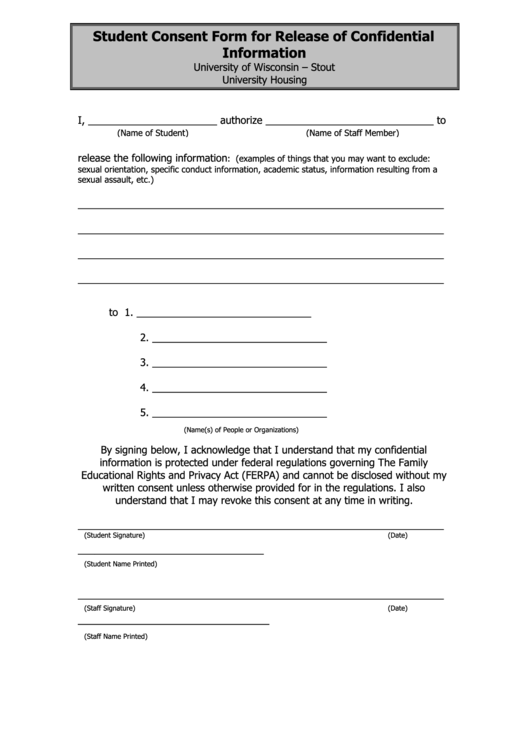 Student Consent Form For Release Of Confidential Information Printable pdf