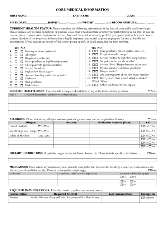 Core Medical Information Printable pdf