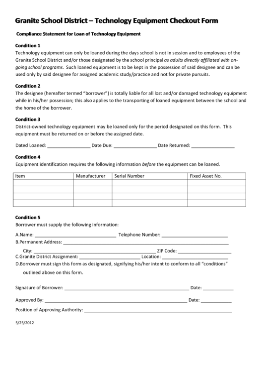 Fillable Granite School District - Technology Equipment Checkout Form Printable pdf