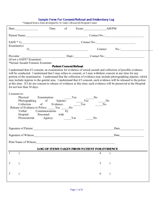 Sexual Assault Assessment With Consent/refusal Form And Evidentiary Log Printable pdf