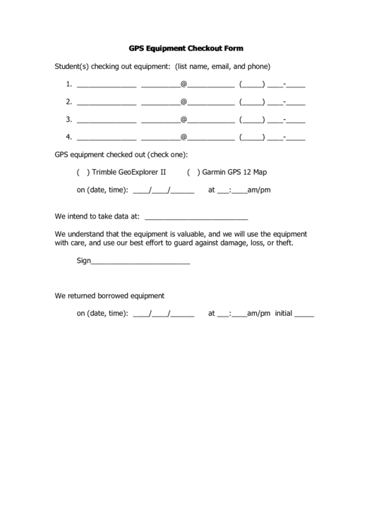 Gps Equipment Checkout Form Printable pdf