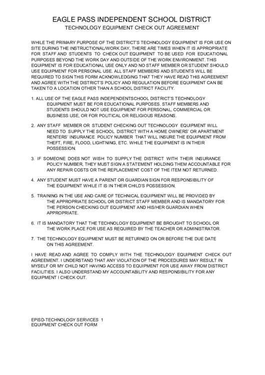 Eagle Pass Independent School District Technology Equipment Check Out Agreement Printable pdf