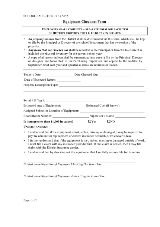 School Facilities Equipment Checkout Form Printable pdf