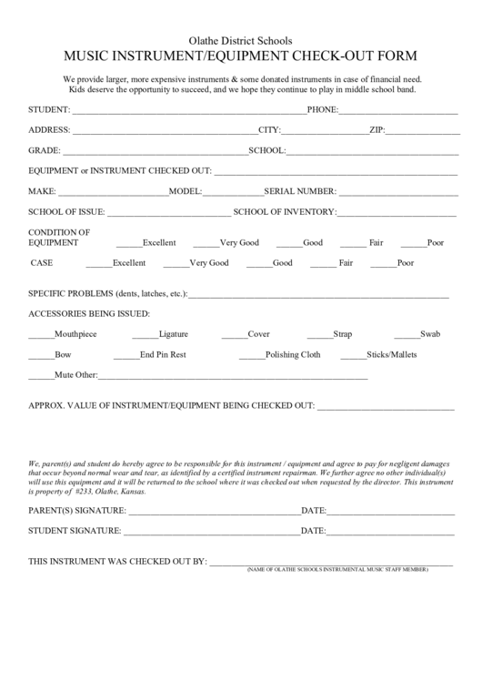 Olathe District Schools Music Instrument/equipment Check-Out Form Printable pdf